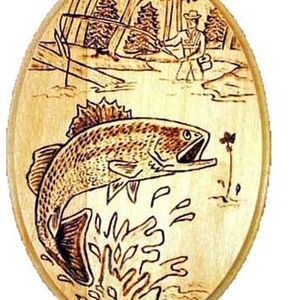 LEAPING BASS & FISHERMAN WOODBURNING, HAND DONE, SIGNED, ONE OF A KIND, WELL